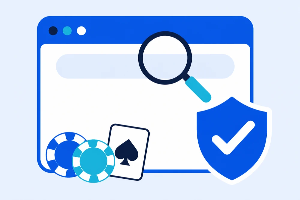 Ilustración de una ventana de navegador revisada con lupa, escudo con tilde y fichas de casino