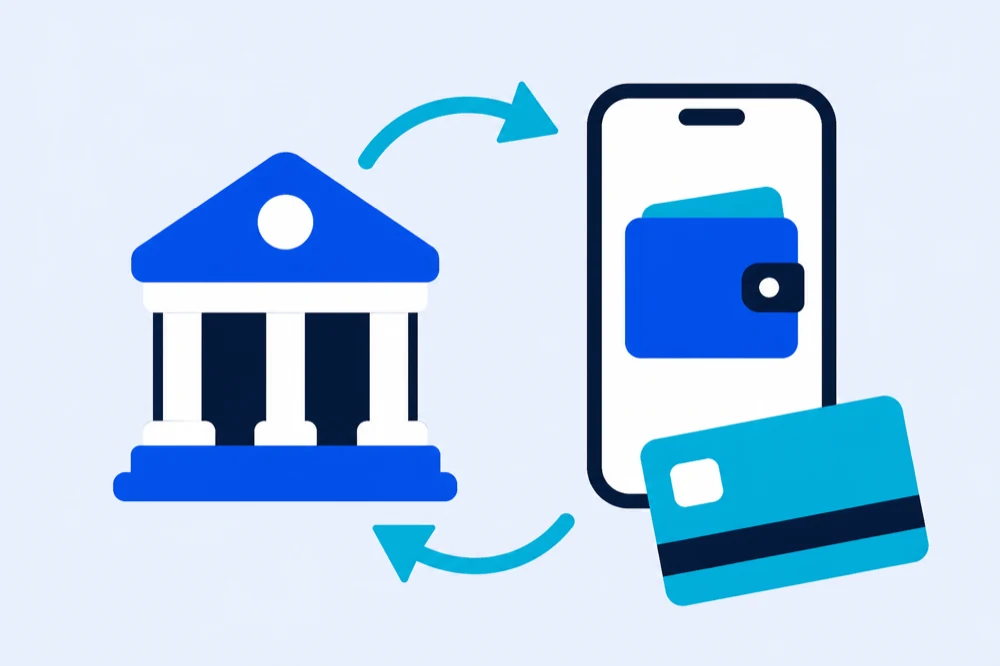 Ilustración de un banco, un teléfono con billetera digital y una tarjeta, unidos por flechas de ida y vuelta