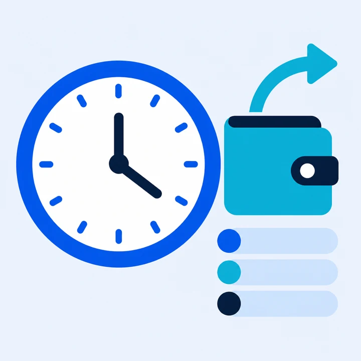 Ilustración de un reloj junto a una billetera con una flecha de salida y una lista de pasos
