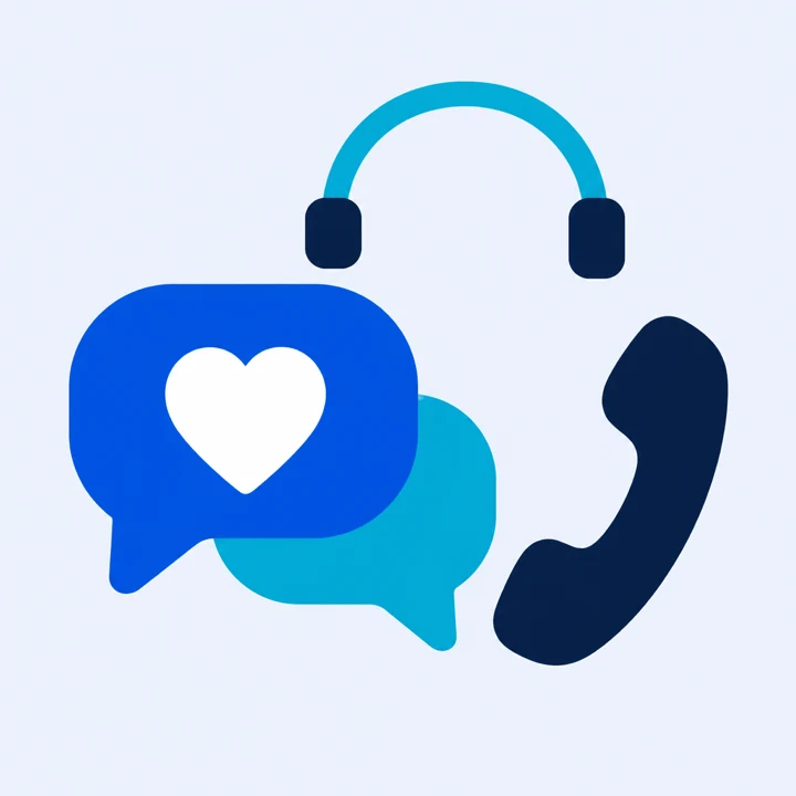 Ilustración de dos globos de diálogo, uno con un corazón, junto a un teléfono y unos auriculares de atención