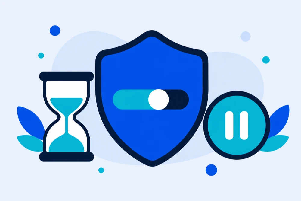 Ilustración de un escudo con un control de límite, un reloj de arena y un botón de pausa